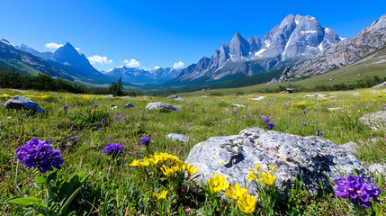 Fototapeta premium Purple and yellow wildflowers bloom in a lush green alpine meadow before majestic rocky mountain peaks under a clear blue sky.