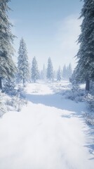 Fototapeta premium Snowy path through a forest, winter landscape scene for travel or nature project.
