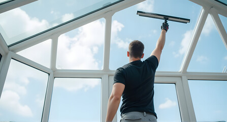 Man Cleaning Conservatory Roof Windows