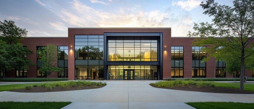 Modern commercial building facade with large windows and landscaped entrance, showcasing contemporary architecture and design. Ideal for business and real estate projects.