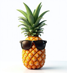 Cool 3D Pineapple with Sunglasses, Fun and Playful Tropical Fruit on White Background
