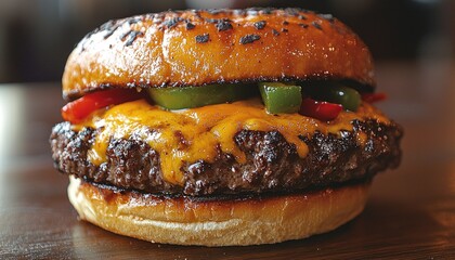 Juicy cheeseburger with peppers on toasted bun on wooden table