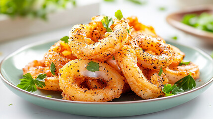 Deliciously spiced fried calamari culinary kitchen food photography bright setting close-up mouthwatering concept