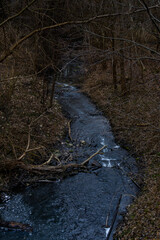Small utrata river flowing through the forest, winter twilight, Masovia, central Poland