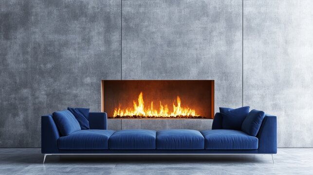 A Cozy, Modern Living Room With A Blue Velvet Sectional Sofa In Front Of A Fireplace Set Against A Textured Concrete Wall.