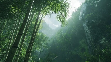 Obraz premium A towering bamboo tree reaching toward the sky in a dense forest.