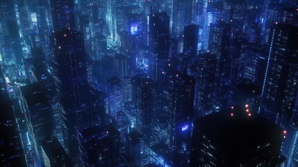 Futuristic city at night with dense urban architecture and bright blue illumination