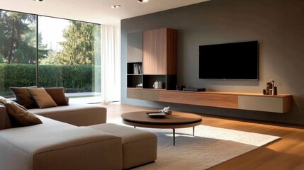 Modern Living Room With Large Windows, Beige Sofa, Wooden Media Unit And A Round Coffee Table. The Room Is Bathed In Natural Light, Creating A Calm And Serene Atmosphere.