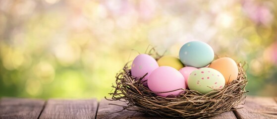 Nest with colorful Easter eggs on a wooden table, symbolizing spring celebrations, family traditions, and festive gatherings with floral background.