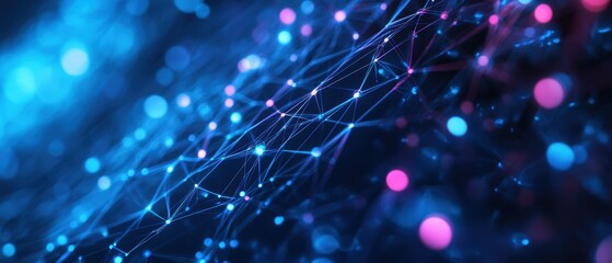 Network connections, digital technology with glowing dots and lines, representing data flow, cyber communication, and modern innovations in AI and information technology.