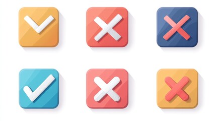 Set of flat square check mark, X mark, plus sign and minus sign icons, buttons isolated on a white background. EPS10 vector file, on white background