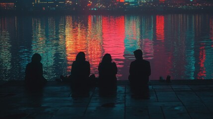 Silhouetted Friends Admire Vibrant City Lights Reflecting on Water