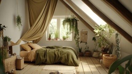 Attic bedroom, plants, sunlight, textiles, calm