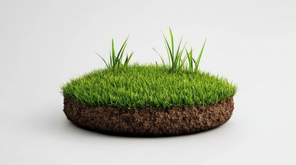 Island of Grass: A lush patch of vibrant green grass sits atop a small mound of rich brown soil, isolated against a clean background, creating a striking image of new growth and natural beauty.