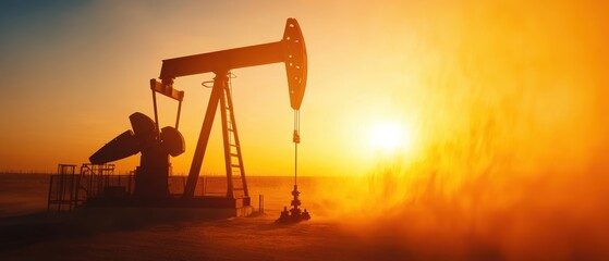 Naklejka premium Oil pump jack silhouette at sunset against a vibrant sky, symbolizing energy production, fossil fuels, and the oil industry during twilight.