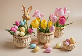 Spring Celebration: A Festive Arrangement of Colorful Easter Eggs, Ceramic Bunnies, and Blooming Tulips on a Pastel Beige Background