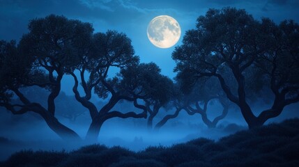 Enchanting Night Scene with Full Moon and Silhouetted Trees