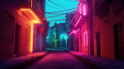 Neon Alleyway at Night with Vibrant Colors and Urban Atmosphere
