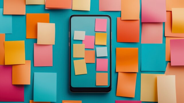 Sticky notes memo productivity concept. A smartphone surrounded by colorful sticky notes on a vibrant blue background, symbolizing organization and creativity.
