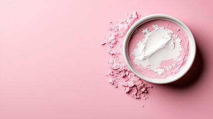 Pink powder makeup in bowl on pink background
