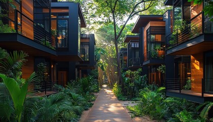 Fototapeta premium Tropical modern townhouses, lush greenery, sunlit path
