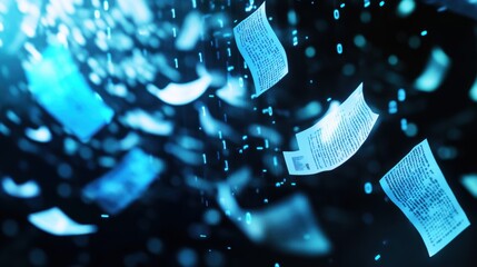 Papers floating in a digital environment, representing data overload and technology, with abstract backgrounds symbolizing information flow and digital processing.