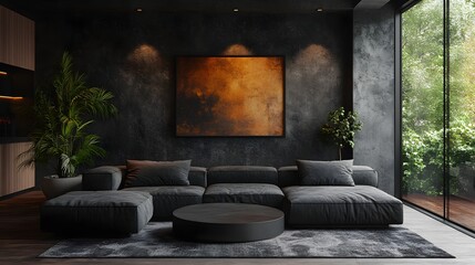 Living room interior black featuring a minimalist sofa captured from a frontal angle focusing on the wall decor and soft textures creating a cozy yet modern ambiance in this 3D render