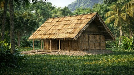 Obraz premium A traditional bamboo house in a tropical setting, blending with the natural environment.