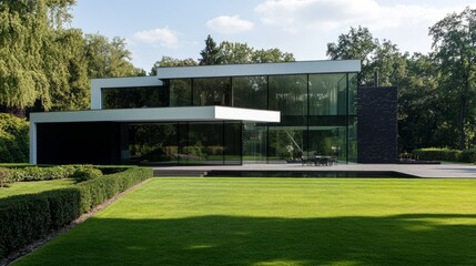 Obraz premium A Modern, Glass-And-White House Sits On A Lush Green Lawn, Surrounded By Trees. The Architecture Is Sleek And Minimalist, Creating A Serene And Sophisticated Atmosphere.