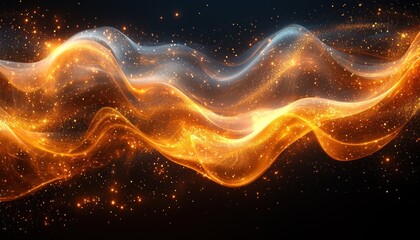 Obraz premium Golden energy wave flowing with sparkling particles on a dark background