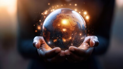 Fototapeta premium Person holding a glowing globe symbolizing global connectivity and sustainability, representing innovation, technology, and the future of the planet during twilight.