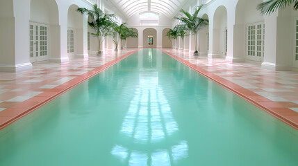 Indoor pool, resort, palm trees, sunlight, luxury relaxation