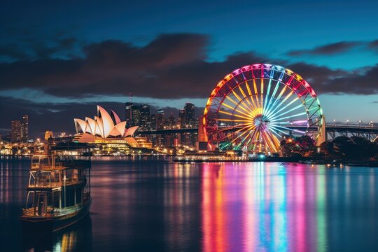 Sydney harbour reflecting on water with illuminated ferris wheel and opera house at twilight, with a vintage ferry in the foreground - Powered by Adobe
