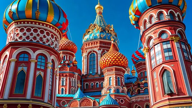 Colorful Russian Orthodox Church with Ornate Onion Domes, Intricate Patterns, and Vibrant Architecture Against Blue Sky

