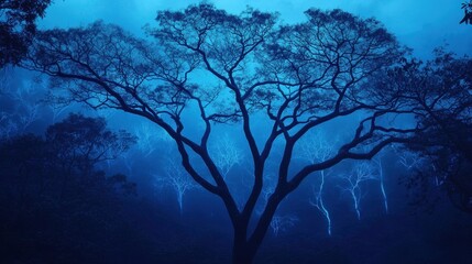 Majestic Silhouette of a Tree at Dusk Amidst Misty Blue Atmosphere