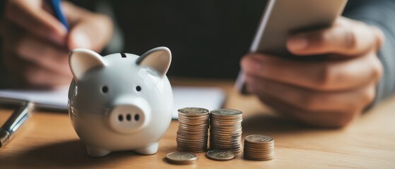 Piggy bank and coins on table, finance management concept with hands using smartphone for budgeting and planning personal savings or investment strategies.