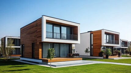 Modern, Minimalist Houses With Wooden Siding And Large Windows, Situated On A Grassy Lawn Under A Clear Blue Sky.  The Design Is Sleek And Contemporary.
