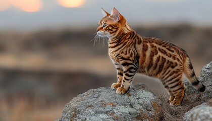 Obraz premium Bengal cat on rock at sunset watching landscape