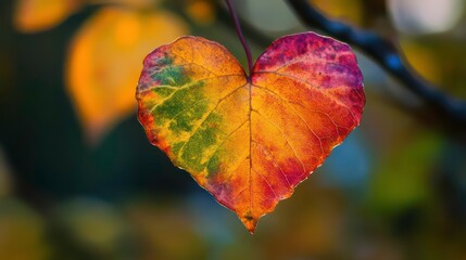 Obraz premium Heart-shaped autumn leaf in vibrant red, orange, yellow, and green hues hanging from a branch.