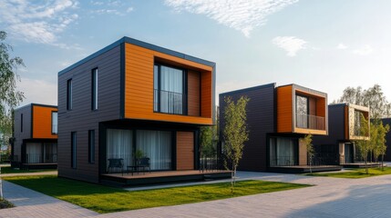 Modern, Colorful Houses In A Residential Area.  The Design Is Sleek And Contemporary, With Bright Orange Accents.