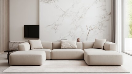 Fototapeta premium A Minimalist Living Room With A Beige Sectional Sofa, Marble Wall, And Large Window. The Overall Vibe Is Serene And Calming.