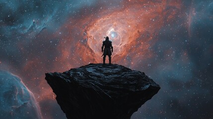 Fototapeta premium Warrior on Rock Amidst Colorful Nebula in Cosmic Landscape
