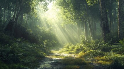 Obraz premium Sunbeams Illuminate a Serene Forest Path