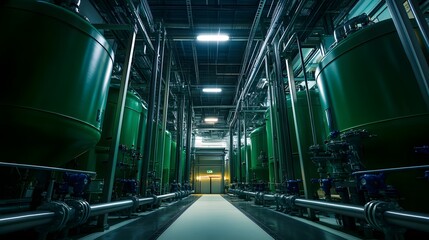 Obraz premium A large industrial building with many tanks and pipes. The tanks are green and the pipes are silver. Scene is industrial and mechanical
