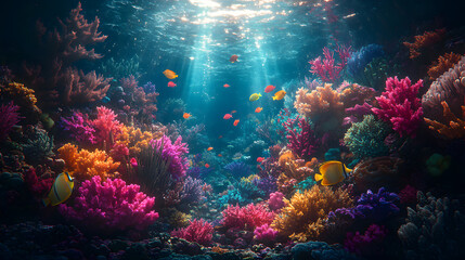 Obraz premium Underwater Tropical Corals Reef with colorful sea fish. Marine life sea world. Tropical colourful underwater seascape. 