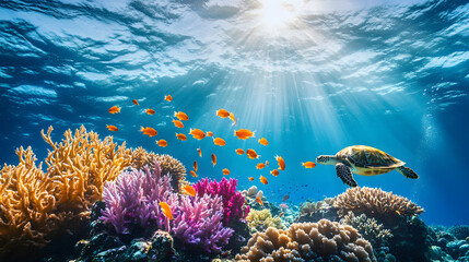 Obraz premium Underwater Tropical Corals Reef with colorful sea fish. Marine life sea world. Tropical colourful underwater seascape. 