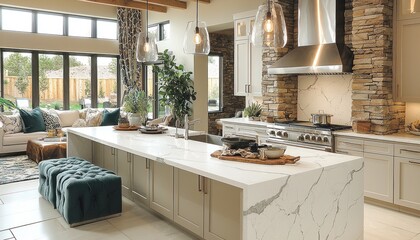 Modern kitchen island in open concept home with natural light