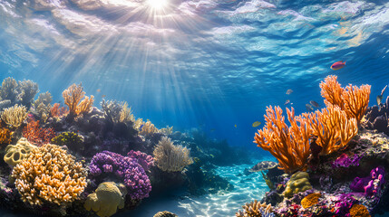 Naklejka premium Underwater Tropical Corals Reef with colorful sea fish. Marine life sea world. Tropical colourful underwater seascape. 