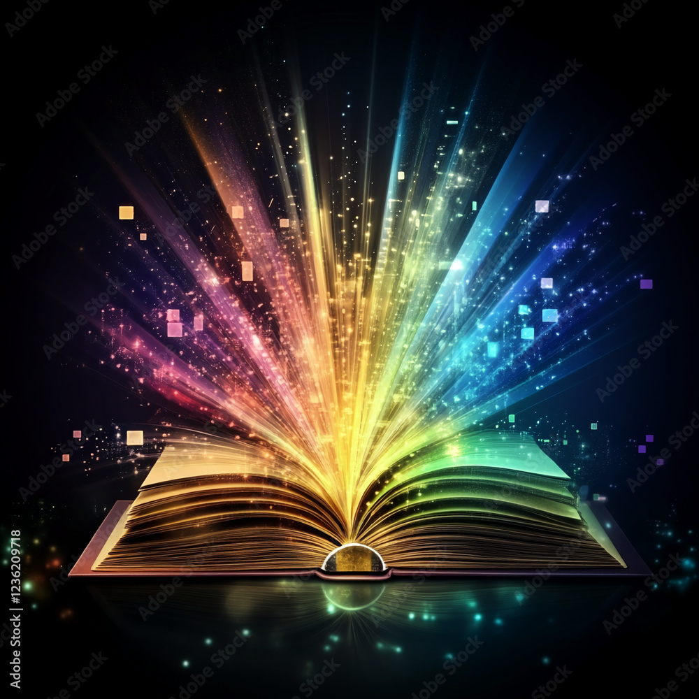 Poster An open book radiates colorful light and digital particles, symbolizing the fusion of knowledge, imagination, and digital transformation in a dynamic and vibrant manner.