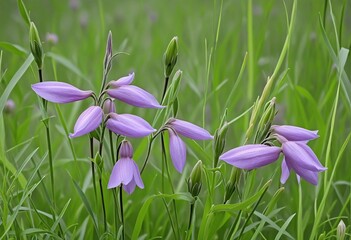 Fototapeta premium Delicate purple bellflowers in a vibrant green meadow with space for text